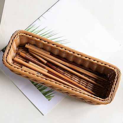 Chopsticks Fork Storage Tray Woven Cutlery Basket, Handwoven Imitation Rattan Silverware Tray for Countertops Cabinets Spoons, 26cmx12cmx6cm