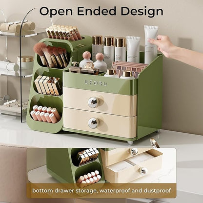 Makeup Organizer for Vanity with Brush Holder, Large Capacity Bathroom Countertop Skincare Organizer with 2 Drawers, Cosmetic Display Case for Perfumes, Eyeshadow Palettes, Nail Polishes