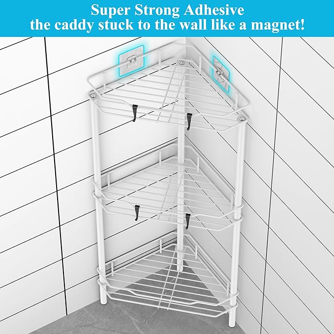 HuggieGems 3 Tier Floor Standing Corner Shower Caddy Organizer Shelf with Hooks, Bathroom Shelves Stand Rack, White