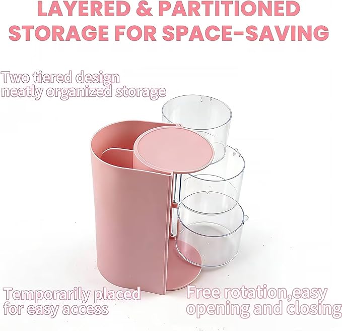 3-Tier Hair Accessories Organizer with Hair Brush Holder, Rotatable Makeup Brush Holder for Necklaces, Earring, Bracelet, Ring, Makeup Brushes, Hair Clip and Hair Accessories(Pink)