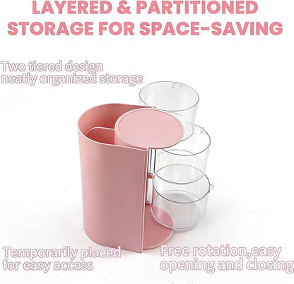 3-Tier Hair Accessories Organizer with Hair Brush Holder, Rotatable Makeup Brush Holder for Necklaces, Earring, Bracelet, Ring, Makeup Brushes, Hair Clip and Hair Accessories(Pink)
