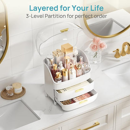 Vtopmart 3-Tier Skincare Makeup Organizer with Drawers and Lid for Vanity and Bathroom Countertop, Large Cosmetic Storage Box Case for Dresser, with Non-Slip Base