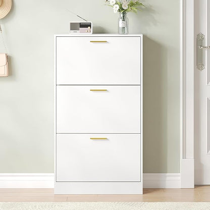 Shoe Cabinet Storage for Entryway, Shoe Cabinet with 3 Flip Drawers, White Modern Shoe Organizer Wood, Freestanding Small Thin Shoe Racks with Doors, White