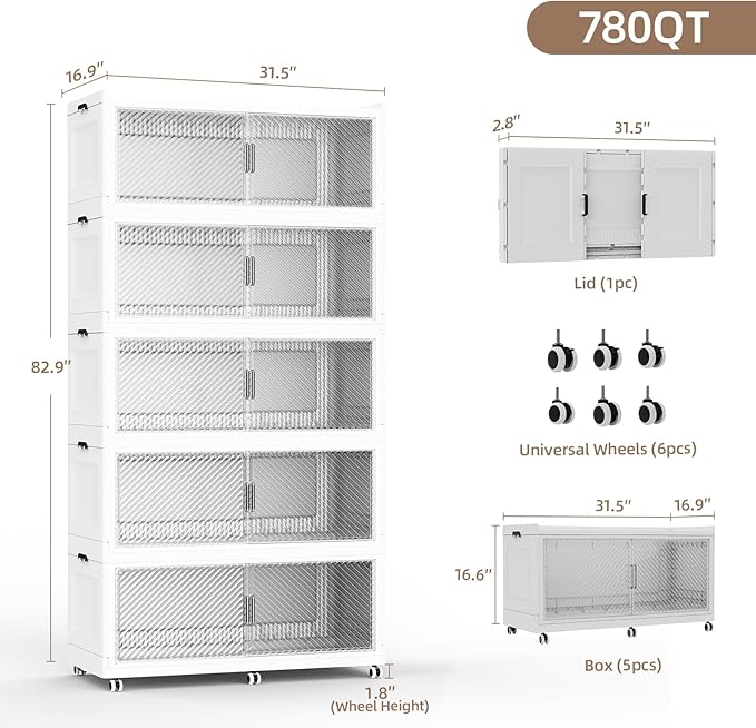 SAILUN 250Gal Extra Large Stackable Storage Bins with a Lid, Collapsible Storage Bins With Doors and Wheels, Foldable Storage Cabinet for Garage Closet Organization, White, 4Pack