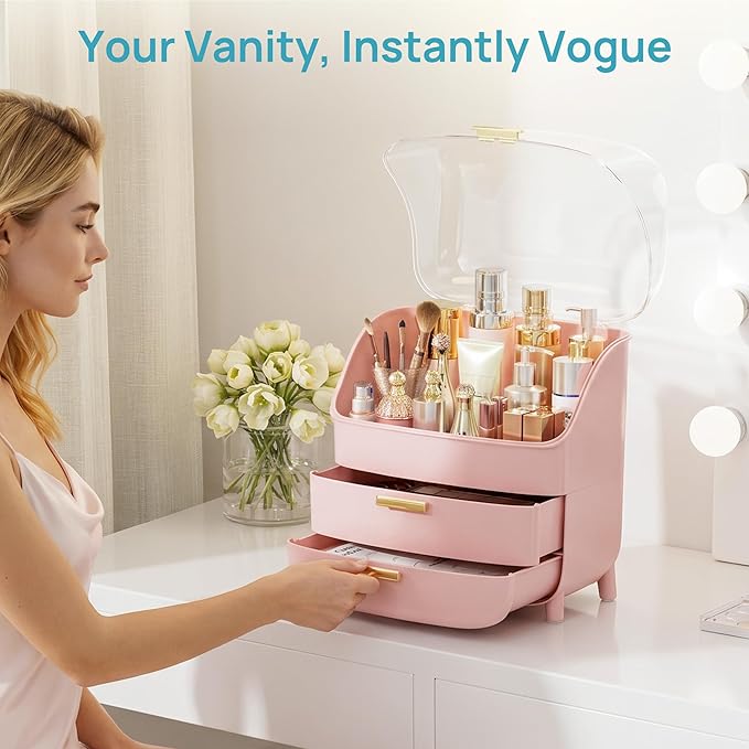 Vtopmart 3-Tier Skincare Makeup Organizer with Drawers and Lid for Vanity and Bathroom Countertop, Large Cosmetic Storage Box Case for Dresser, with Non-Slip Base, Pink