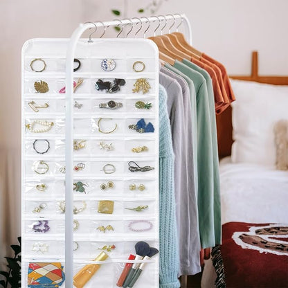 Bloss Hanging Jewelry Organizer With 90 Pockets,Earring Holder Organizer Storage For Valentine's Day Gift,Double-Sided Jewelry Holder for Earrings, Necklaces, Rings on Closet,Wall,Door(White)