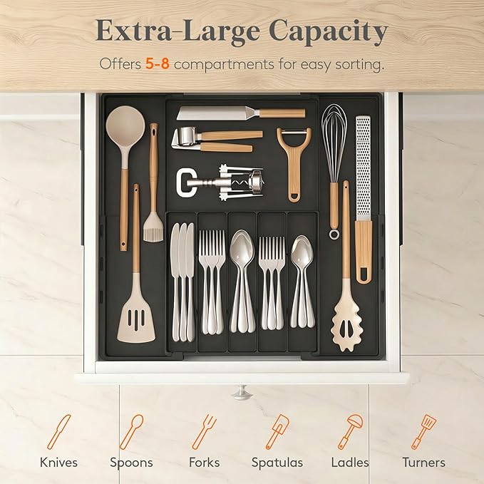 Lifewit Silverware Drawer Organizer, Expandable BPA Free Utensil Tray for Kitchen, Adjustable Flatware and Cutlery Holder, Plastic Storage for Spoons Forks Knives, 12-20.3 x 11.3-19.4 x 1.7, Black