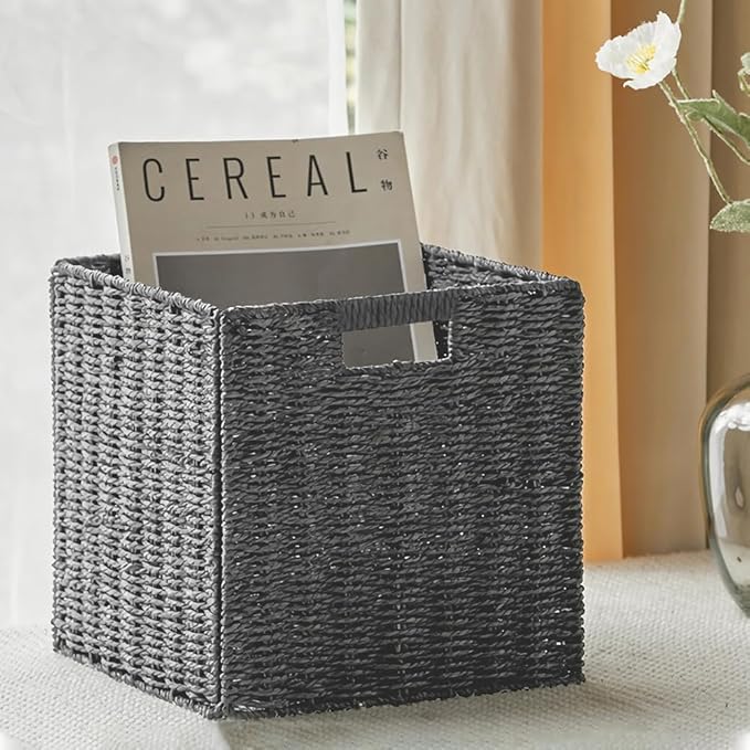 6 Pack 8.7 Inch Wicker Baskets, Hand Woven Paper Rope Storage Baskets, Foldable Cube Storage Bins Organizer Square Wicker Cubes for Shelves Pantry Organizing & Decor (Gray)