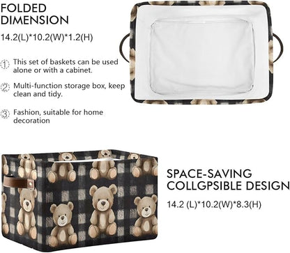 Large Storage Basket Bears Gingham Pattern Storage Bin Cube Canvas Fabric Organizer Handles Collapsible for Clothes Toys Bedroom Decorative