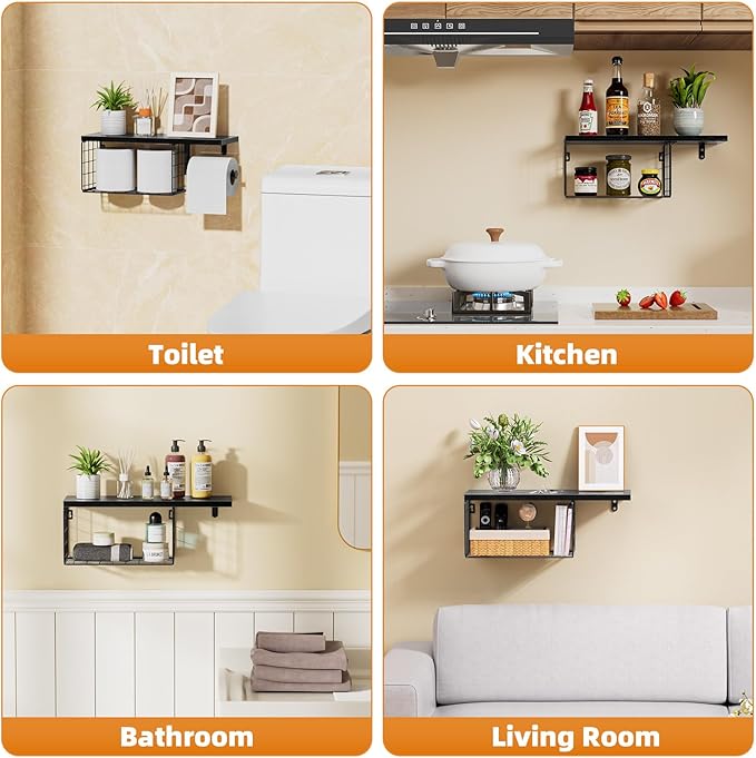 VITVITI Toilet Paper Holder with Shelf, Wall Mounted Toilet Paper Storage Basket, Wood Metal Toilet Roll and Wipes Holder for Bathroom Farmhouse (Black)