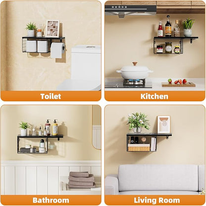 VITVITI Toilet Paper Holder with Shelf, Wall Mounted Toilet Paper Storage Basket, Wood Metal Toilet Roll and Wipes Holder for Bathroom Farmhouse (Black)