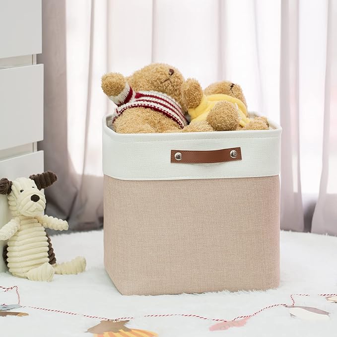 HNZIGE Cube Storage Baskets for Shelves Foldable Storage Baskets(3 Pack) Cube Storage Bin,13 Inch Storage Basket for Organizing with Leather Handles for Toys, Clothes, Kids , Closet (White&Beige)