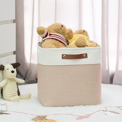HNZIGE Cube Storage Baskets for Shelves Foldable Storage Baskets(3 Pack) Cube Storage Bin,13 Inch Storage Basket for Organizing with Leather Handles for Toys, Clothes, Kids , Closet (White&Beige)