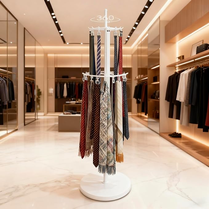 White Belt Display Scarf &Ties Rack Stand, 360° Rotation Floor Mounted Belt Hanger, Metal Men Closet Belt Organizer Holder Jewelry Necklaces Purse Hanger Shelf for Clothing Store Retail & Home