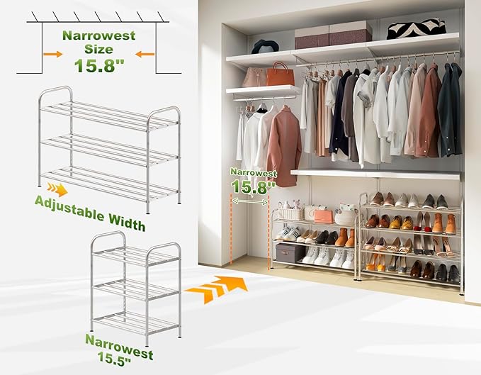 3-Tier Expandable Shoe Rack – Adjustable Heavy Duty Organizer Shelf | 100% Stainless Steel & 4-Rod Stretchable | Small Space Shoe Rack for Closet Entryway (15" to 27", Silver)