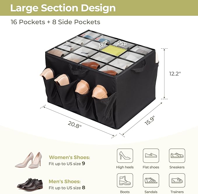 Shoe Organizer for Closet, Fits up to 24 Pairs, Fabric Shoe Box Storage Containers with Adjustable Dividers and Clear Cover, Black, 2 Pack