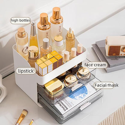 Makeup Organizer for Vanity,Vanity Organizer with 2 Drawers,Makeup&Skincare Organizers Countertop,Cosmetic Display Case,Vanity Storage Box(White)