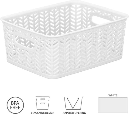 Simplify Small Herringbone Bin Storage Tote Basket Organizer Decorative, Good for Closets, Countertops, Desks, Dressers, Accessories, Cleaning Products, Sports Equipment, Toys, White