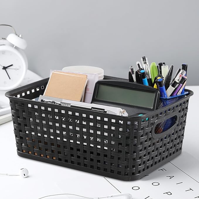 Sandmovie Black Plastic Rattan Storage Baskets, 6 Packs