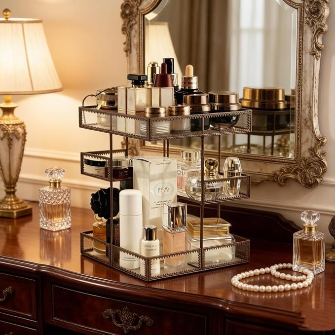 360 Rotating Glass Makeup Organizer, Spinning Vanity Cosmetic Storage with Multi-Layer Compartments, Luxury Countertop Rotating Makeup Holder for Skincare, Perfume, Cosmetics