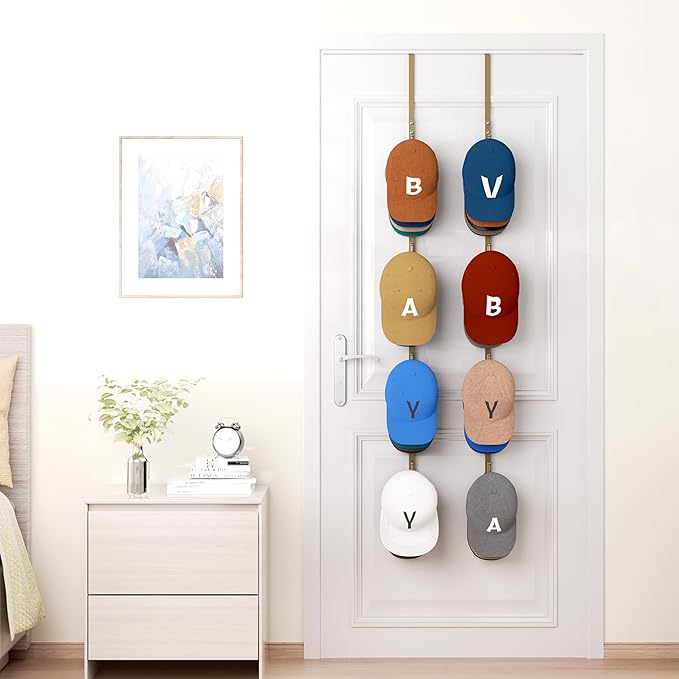 HapiRm Over Door Hat Rack - 2 Packs Hat Organizer with 8 Hooks Design, Hanging Baseball Cap Organizer Storage Holds Up to 40 Caps for Door, Bedroom, Closet (Gold)