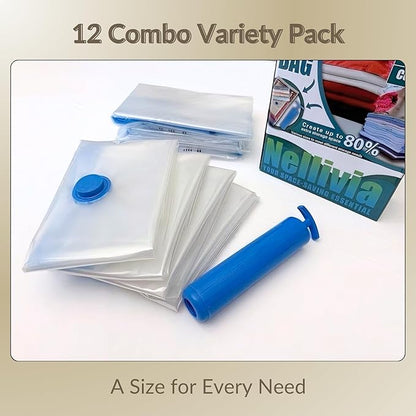 12 Pack Vacuum Storage Bags with Hand Pump, Compression Space Saver for Comforter, Bedding, Blanket Storage, Vacuum Seal Bags for Clothing, Travel Luggage Suitcase and Closet Organizer
