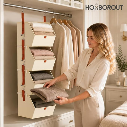 Homsorout Hanging Closet Organizer 4 Tier - Clothes Hanging Shelves, Space-Saving Closet System, Fabric Storage Bins Bedroom Organization, Collapsible Baskets for Home, Dorm, Rv, Beige, 8 Pack