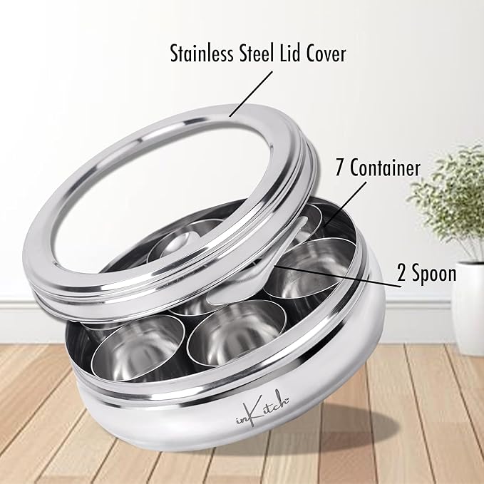 Stainless Steel Belly Shape Spice Box | Masala Dabba | Multipurpose Container/Organizer with See Through Lid with 7 Containers and Small Spoon/Medium