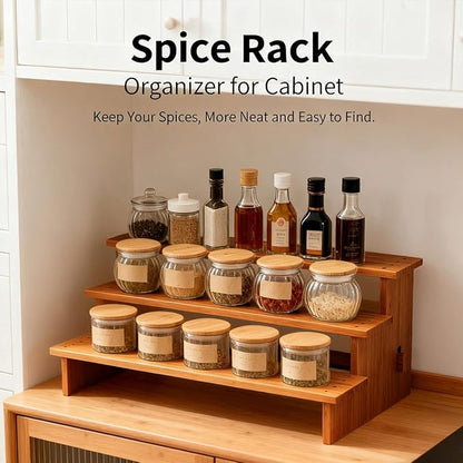 JinDoWin Cabinet Spice Organizer, Spice Organization for Cabinet, 3 Tier Spice Rack Organizer for Cabinet, Seasoning Organizer & Seasoning Rack, Kitchen Cabinet Organizer (2, Dark Bamboo)
