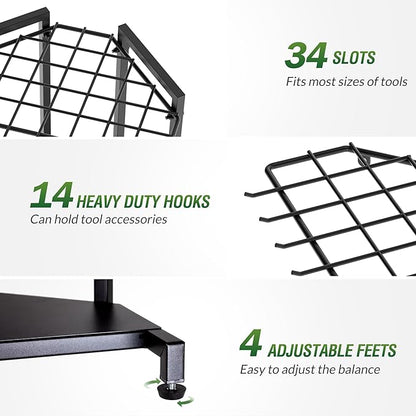 Garden Tool Organizer for Corner - Heavy Duty Metal Rack with 34 Storage Compartments & 14 Hooks for Shovels, Rakes, Long-Handled Tools, Ideal for Garden, Shed, Garage Storage