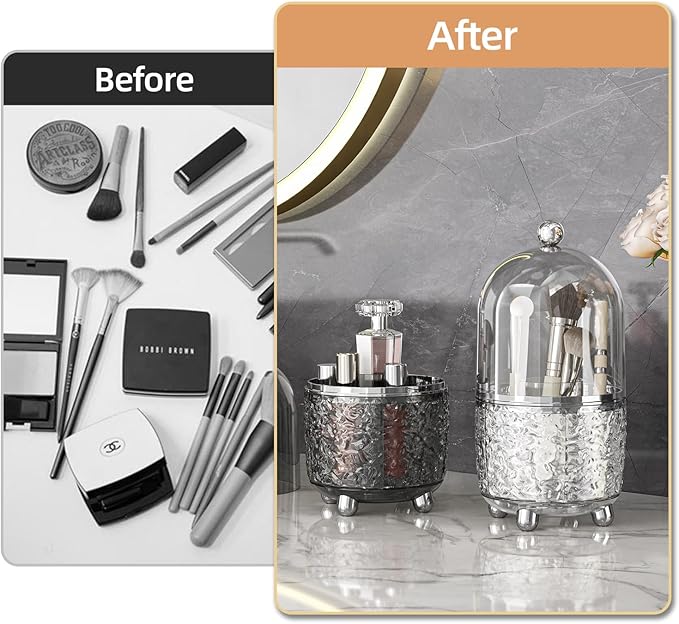 Makeup Brush Holder with Lid, 360° Rotating Cosmetic Tools Organizer with Cover, Dustproof Spinning Makeup Brush Organizer for Vanity, Ideal Gift for Girlfriend Wife Friends (Clear)