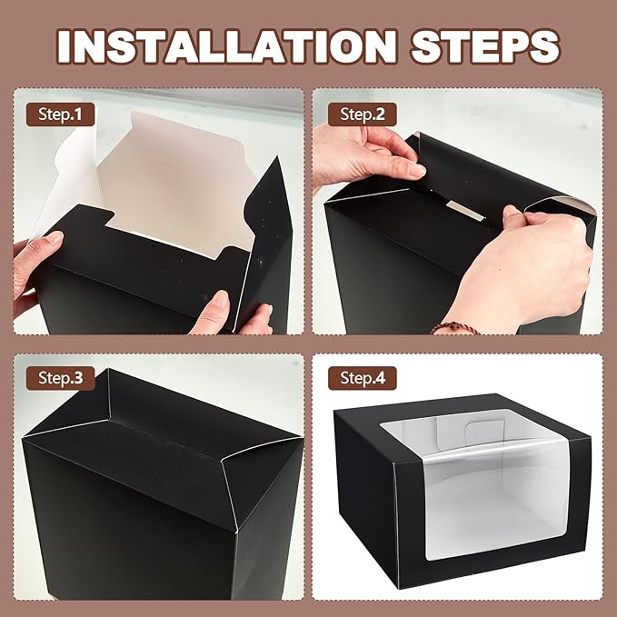 DoubleFill 100 Pcs Hat Boxes with Clear Window, Foldable Gift Boxes for Baseball Caps, Storage, Display and Shipping (Black)