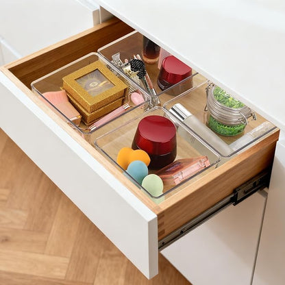 6 Pcs Large Clear Plastic Drawer Organizers Tray 6" x 6" Storage Bins with 25 Pcs Non-Slip Pads for Makeup, Jewelries, Kitchen Utensils, Bathroom and Office