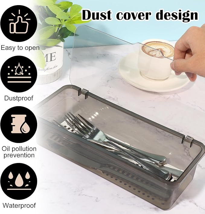 Rainmae 3Pcs Flatware Tray with Lid and Drainer, Large Plastic Silverware Utensil Kitchen Drawer Organizer Clear Cutlery Storage Container with Cover Dinnerware Holder Box for Home and Travel