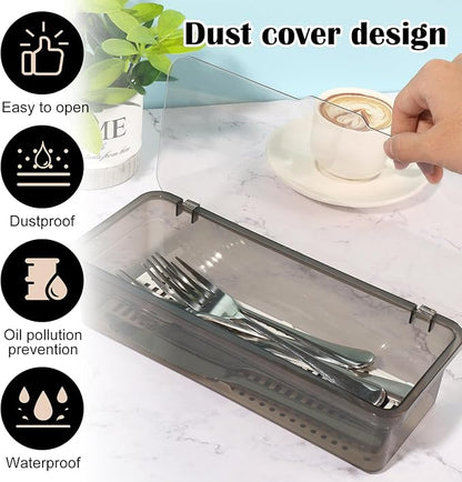 Rainmae 3Pcs Flatware Tray with Lid and Drainer, Large Plastic Silverware Utensil Kitchen Drawer Organizer Clear Cutlery Storage Container with Cover Dinnerware Holder Box for Home and Travel