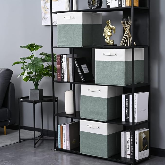 FinishingBo 13 x 13 Inch Fine Linen Storage Bins with Handles，Fabric Cube Boxs，Basket Organizers for Shelves for Home, Closet Drawers (White/Green-6 Pack)
