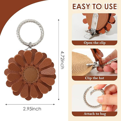 2 Pack Leather Hat Clip for Travel On Bag, Travel Hat Holder for Handbag Backpacks Luggage, Outdoor Travel Accessories Hat Bag Clip (Brown)