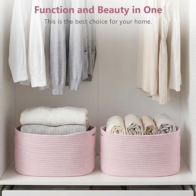 ECDYQXVU Cotton Rope Storage Basket, 15x10x9 Inches, Woven Basket for Shelves, Clothes, Towels, Books, and Laundry, Light Pink (1 Pack)