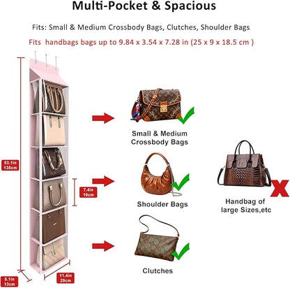Lirex Over The Door Purse Organizer & Purse Shelf for Closet – Handbag Storage Organizer with Purse Hanger. Perfect for Scarves, Hats, and Leggings. S (11.8'' x 5'' x 51.6''), Pink