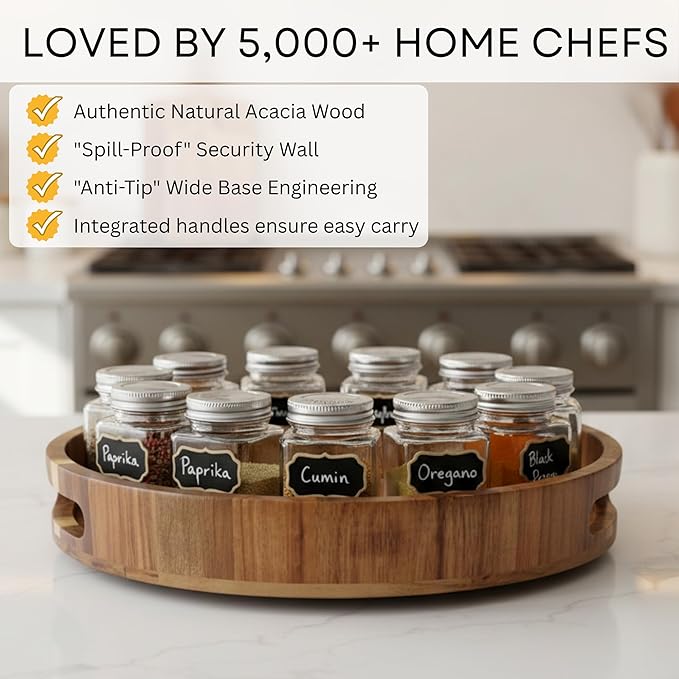 Wooden Lazy Susan for Table Top 12 Inch - Acacia Wood Lazy Susan Turntable Organizer for Kitchen Countertop Dining Table Cabinet - Rotating Tray Centerpiece for Spices Condiments - Large Lazy Susans