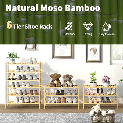 6-Tier Bamboo Shoe Rack for Entryway, Stackable | Heavy Duty | Multi-Function, Free Standing Shoe Racks for Bedroom Hallway Closet