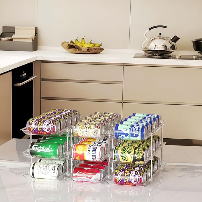 Can Organizer for Pantry,Can Holders for Pantry and Fridge,Automatic Rolling,Stackable Canned Food Organizer and Storage for Kitchen Cabinet Countertop Refrigerator Organization,3 Sets 3 Tiers