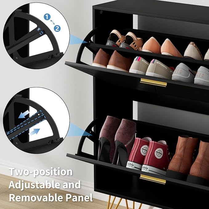 JOZZBY Shoe Cabinet for Entryway Slim Set of 2, Black Shoe Cabinet with 2 Flip Drawers, Narrow Shoe Slim Shoe Storage Cabinet Entryway, Hallway, Living Room
