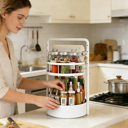 Rotating Spice Rack with Paper Towel Holder, 2 Tier Turntable Lazy Susan, Seasoning Organizer for Kitchen Countertop Cabinet, White