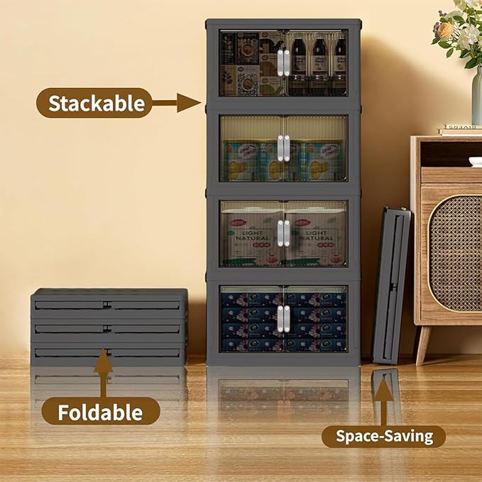 131QT Stackable Storage Bins with Lid & Door, 32 Gal Collapsible Plastic Storage Containers with Locking Wheel, Space Saving Foldable Organizer for Home Bedroom Office Gray 3T