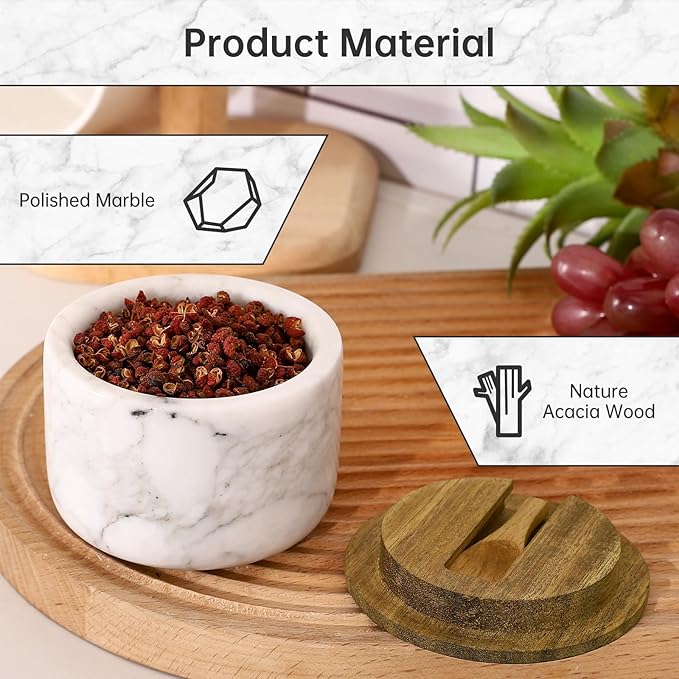 Salt and Pepper Bowl, Marble Salt Cellar and Spices Storage Container With Built-in Spoon and Acacia Wood Lid - 6.5oz Capacity (White)