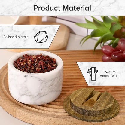 Salt and Pepper Bowl, Marble Salt Cellar and Spices Storage Container With Built-in Spoon and Acacia Wood Lid - 6.5oz Capacity (White)