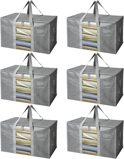 BALEINE 6-Pack Oversized Moving Bags with Reinforced Handles, Heavy-Duty Storage Tote Moving Supplies for Packaging, Camping (Gray w/Window, 6-Pack)