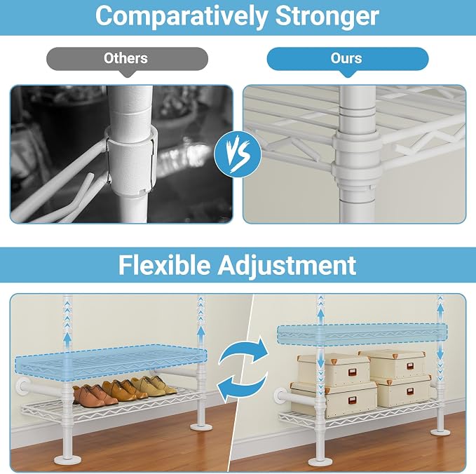Timate X3i Garment Rack for Hanging Clothes Load 980lbs, Expandable Wall Mounted Closet System with Baskets Industrial Pipe Heavy Duty Clothes Rack Walk in Closet, Adjustable from 5'10" to 8'3", White