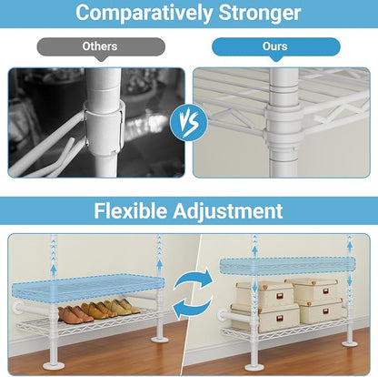 Timate X3i Garment Rack for Hanging Clothes Load 980lbs, Expandable Wall Mounted Closet System with Baskets Industrial Pipe Heavy Duty Clothes Rack Walk in Closet, Adjustable from 5'10" to 8'3", White